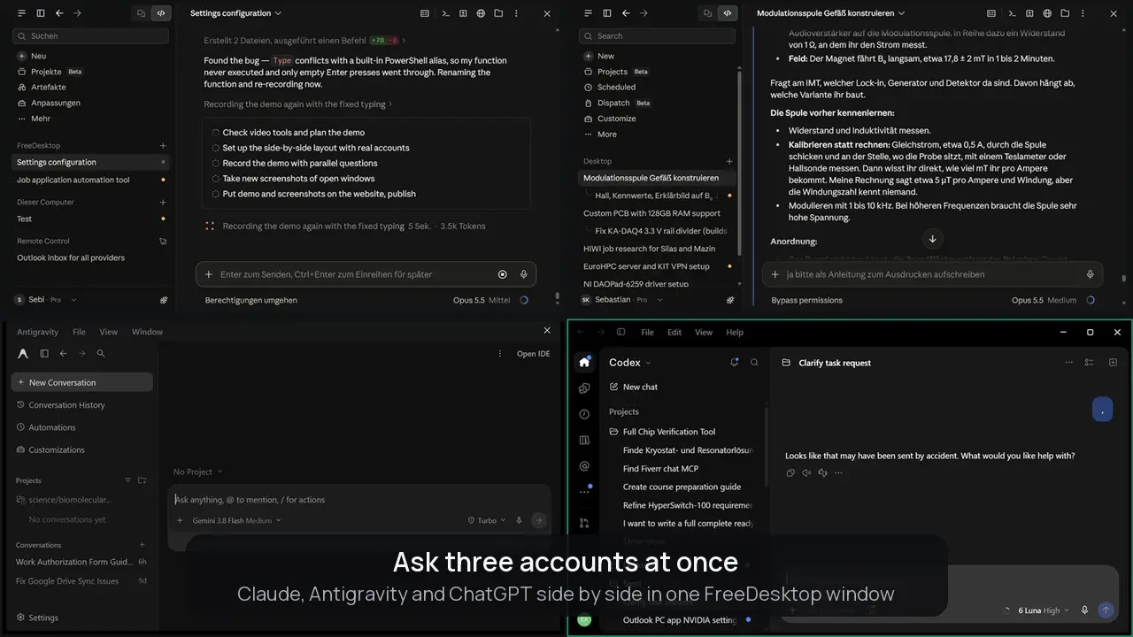 Demo: one question each typed into Claude, Antigravity and ChatGPT, side by side in one FreeDesktop window; the three answers come in at the same time
