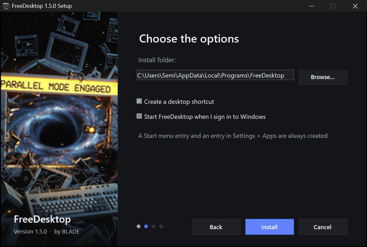 FreeDesktop setup, options: install folder, desktop shortcut, start with Windows