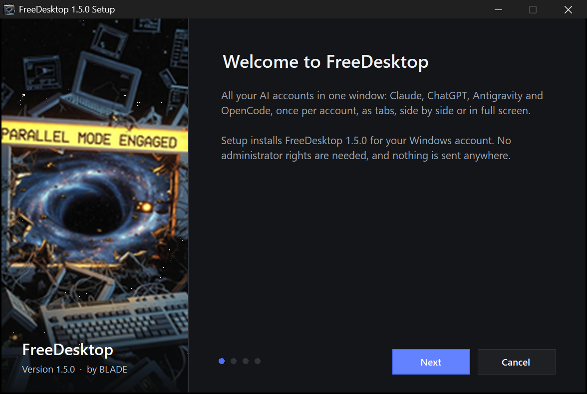 FreeDesktop setup, welcome page with the logo on the left