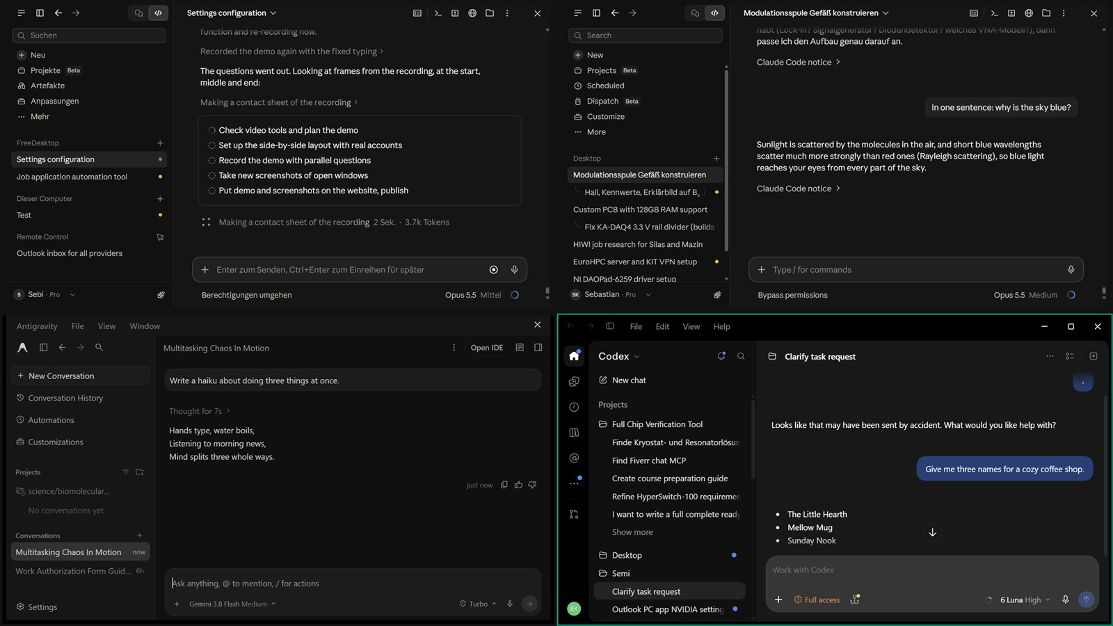 FreeDesktop in full screen with four accounts side by side: two Claude accounts, Antigravity and ChatGPT, each with its own chat