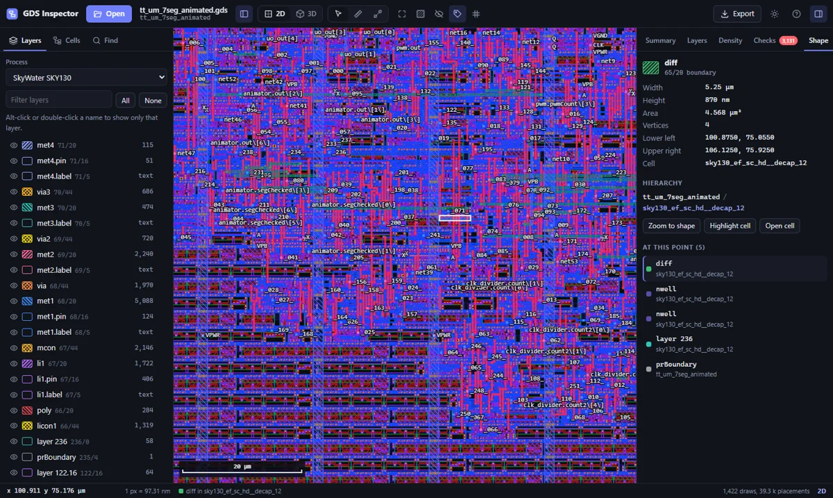 GDS Inspector 2D chip layout viewer with colored layers and a shape inspector